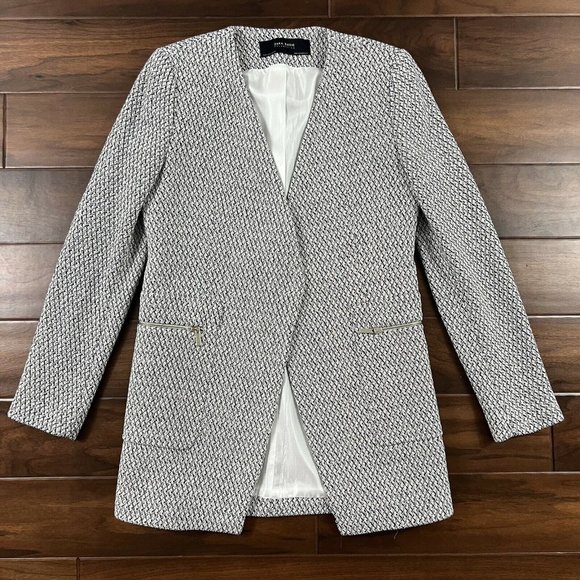 Zara Jackets & Blazers - Zara Basic Size Large Blue White Woven Longer Jacket Snap Button Zipper